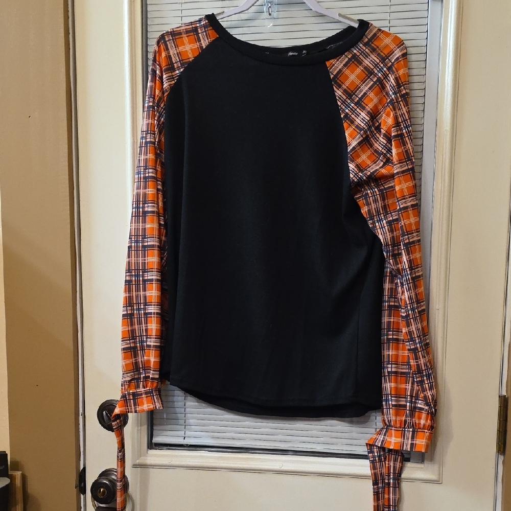 Plaid Long Sleeve Women's Top - Black and Orange